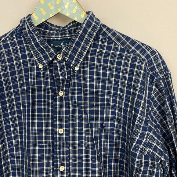 Ralph Lauren Linen Blend Button Up Shirt Mens XL Blue Plaid Classic Fit Long Slv - Picture 2 of 11